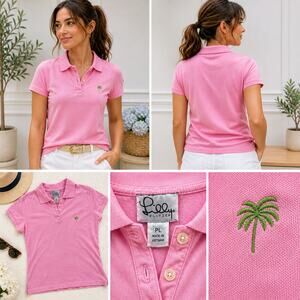Lilly Pulitzer Pink Polo Shirt Palm Tree Logo Petite Large Preppy Top PL